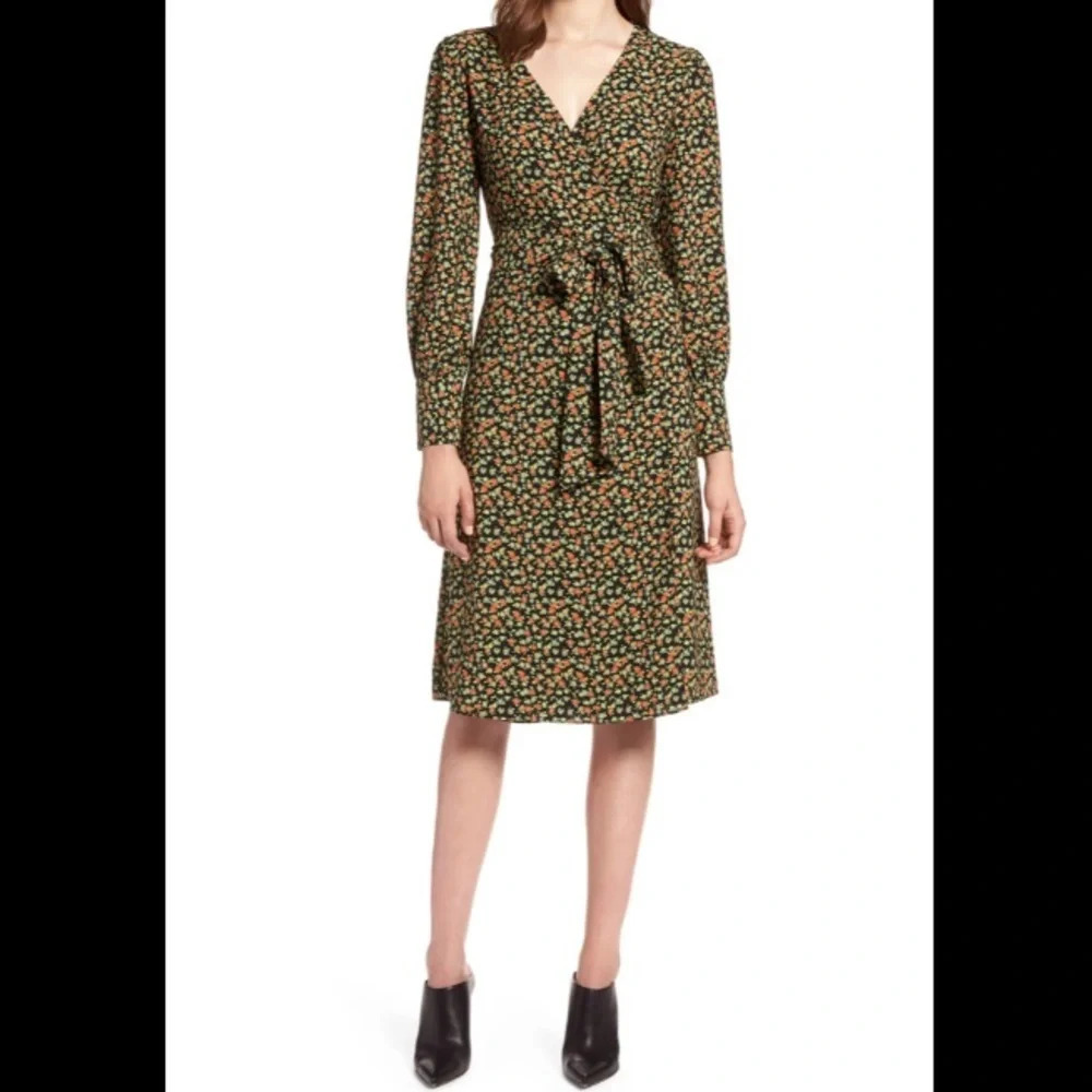 Halogen Olive Green Floral Wrap Dress